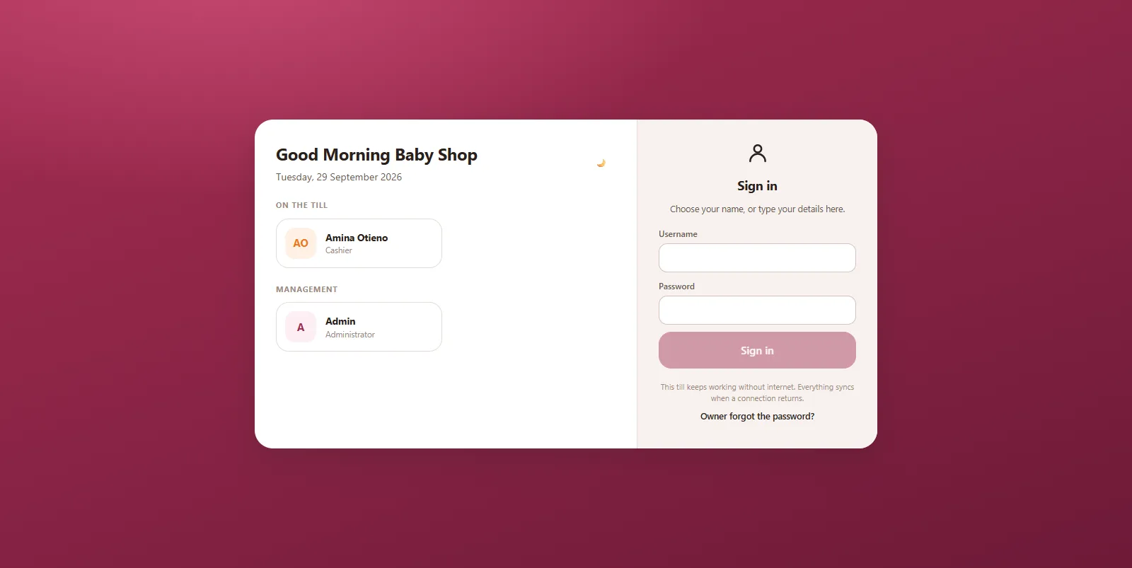 Lock screen where staff tap their name and enter a PIN to sign in to the till