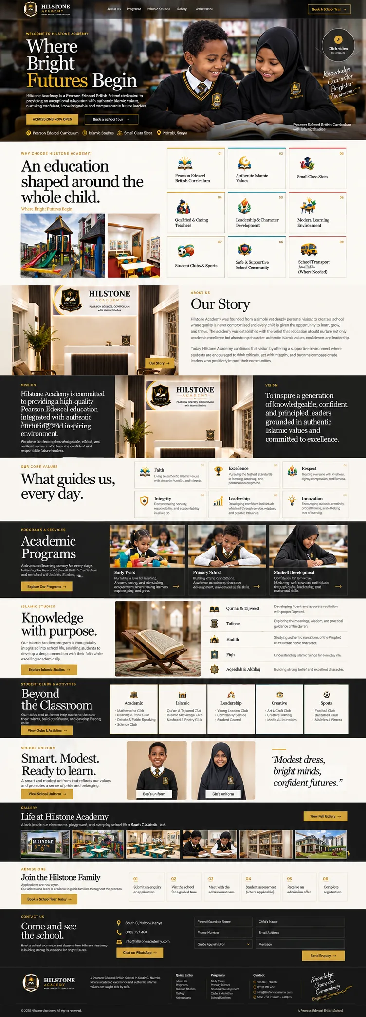 Hilstone Academy school website in black and gold with a Where Bright Futures Begin hero, reasons to choose the school, academic programs, Islamic Studies, clubs, uniform, gallery and admissions steps