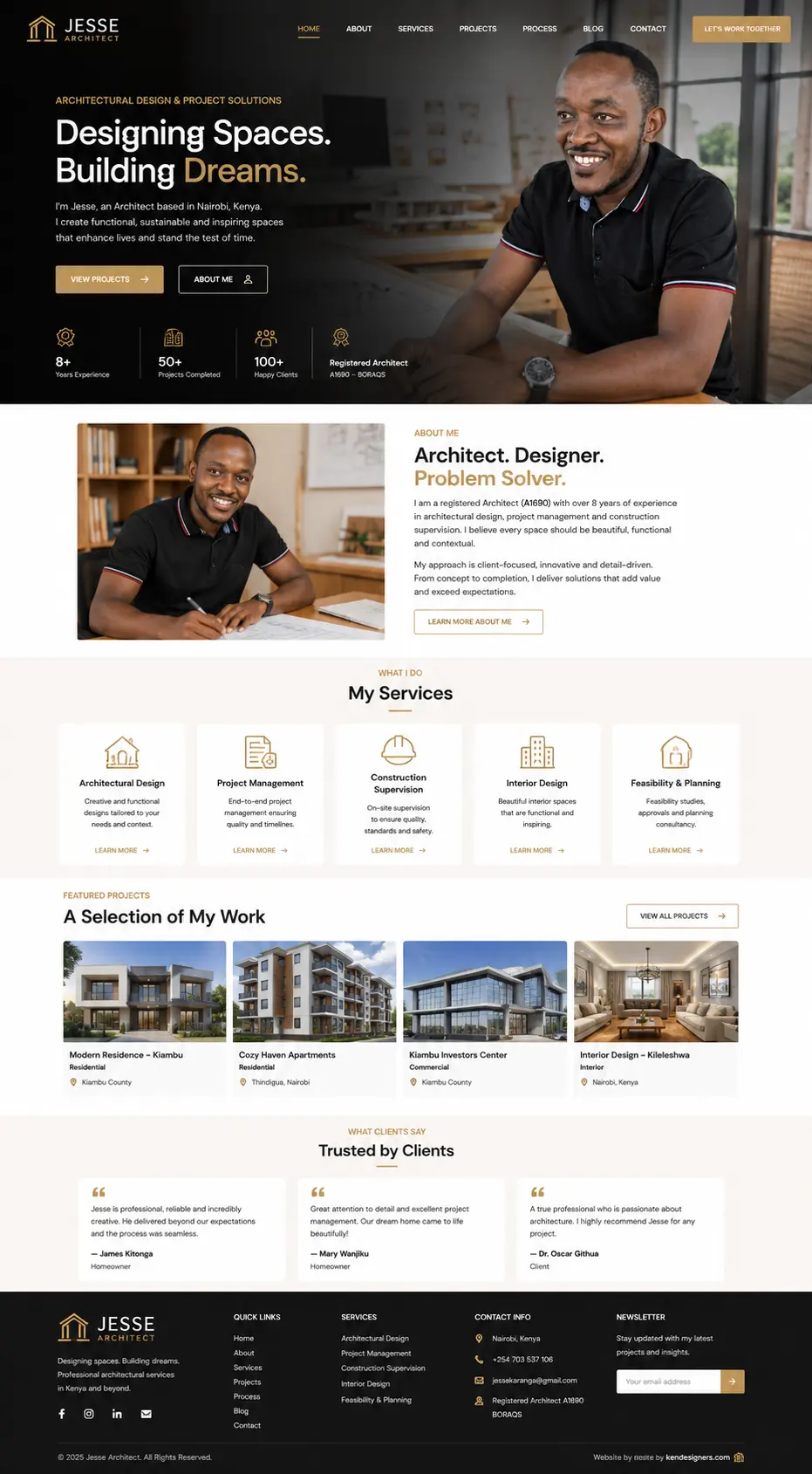 Jesse Architect portfolio homepage in dark charcoal and brass, with featured residential and commercial projects in Kiambu and Nairobi