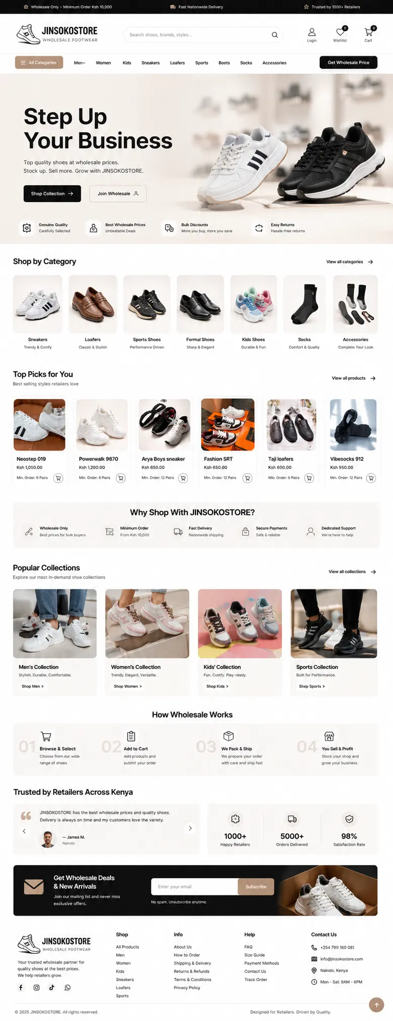 Jinsoko wholesale footwear storefront with category grid, KES bulk pricing and minimum order quantities per product