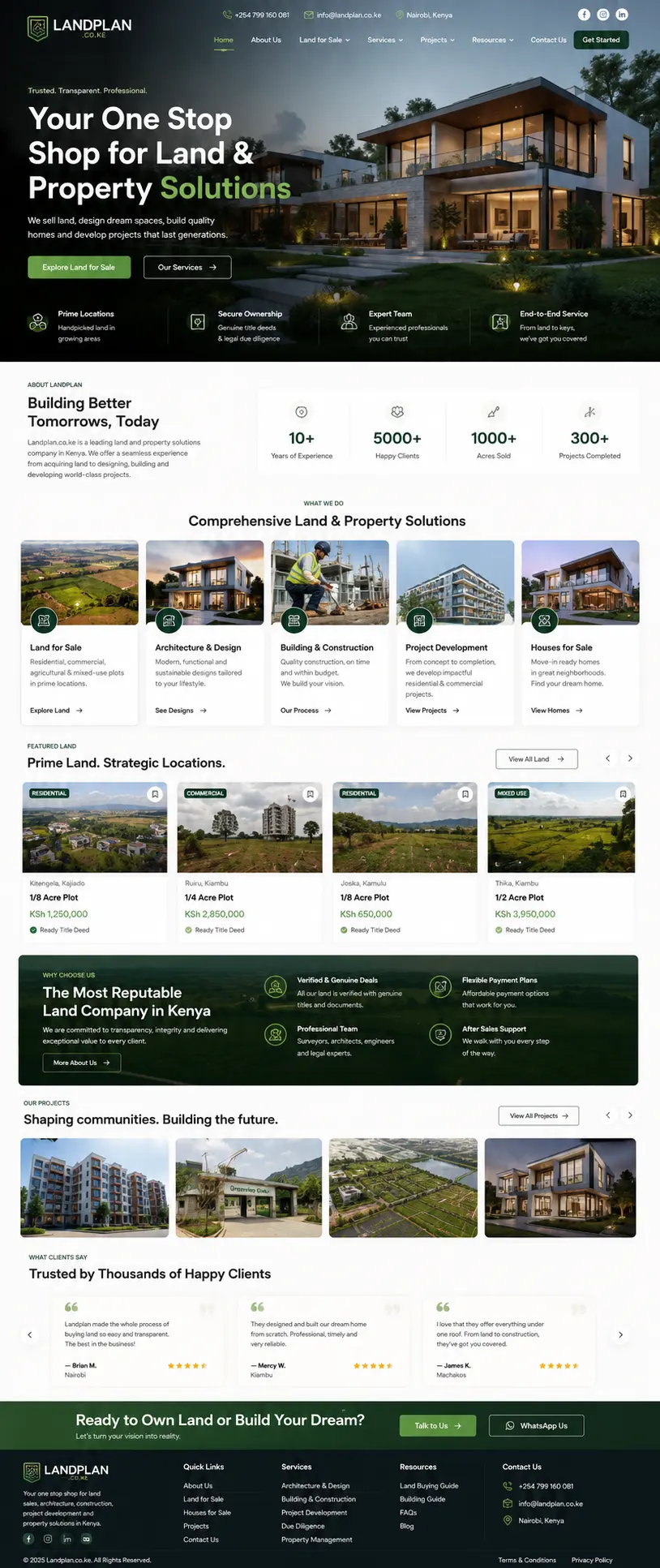 LandPlan property website homepage with land listings showing acreage, location, KSh prices and ready title deed badges