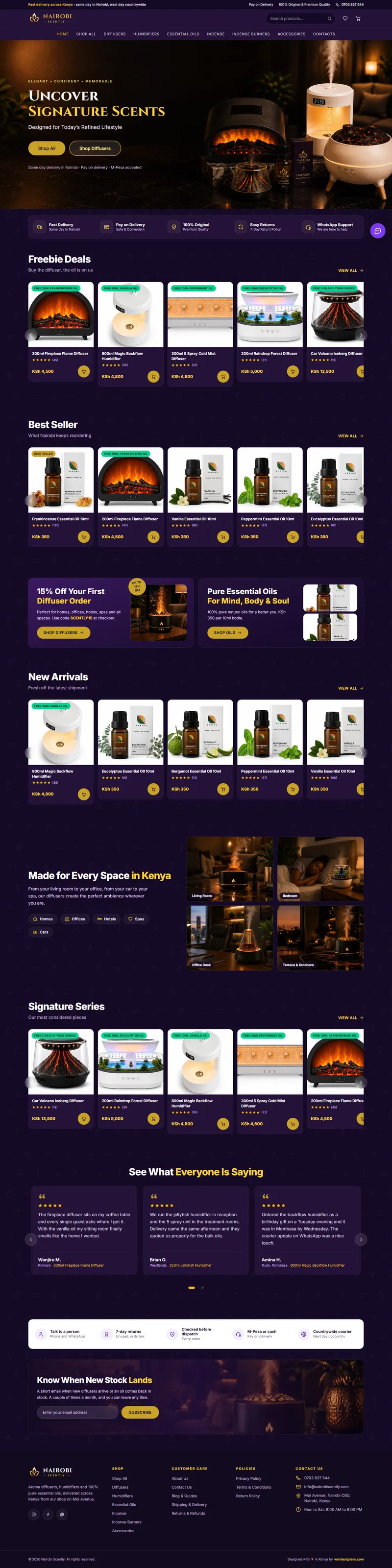 Nairobi Scently online store in dark purple and gold with an Uncover Signature Scents hero, free-gift diffuser deals, essential oil best sellers, new arrivals, a made-for-every-space section and customer reviews
