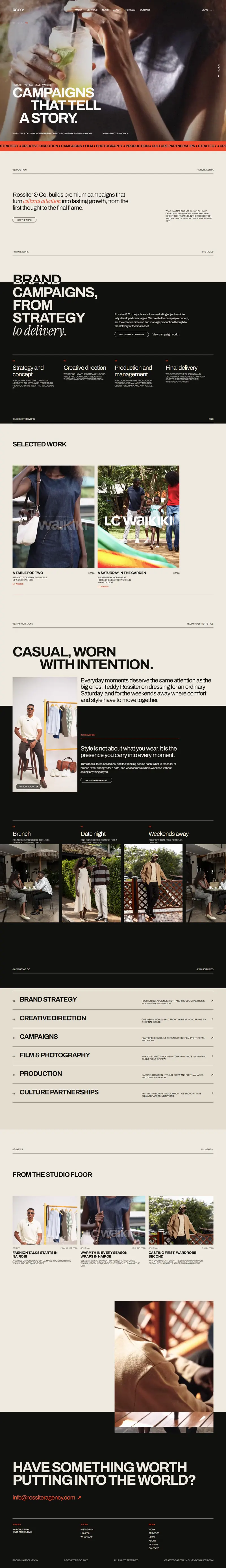 Rossiter & Co. agency website with a Campaigns That Tell A Story video hero, orange campaign ticker, brand campaigns from strategy to delivery, LC Waikiki selected work, fashion talks, services list and news