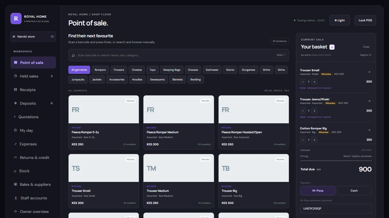 Royal Home point of sale in dark mode with a four-item basket totalling KES 900
