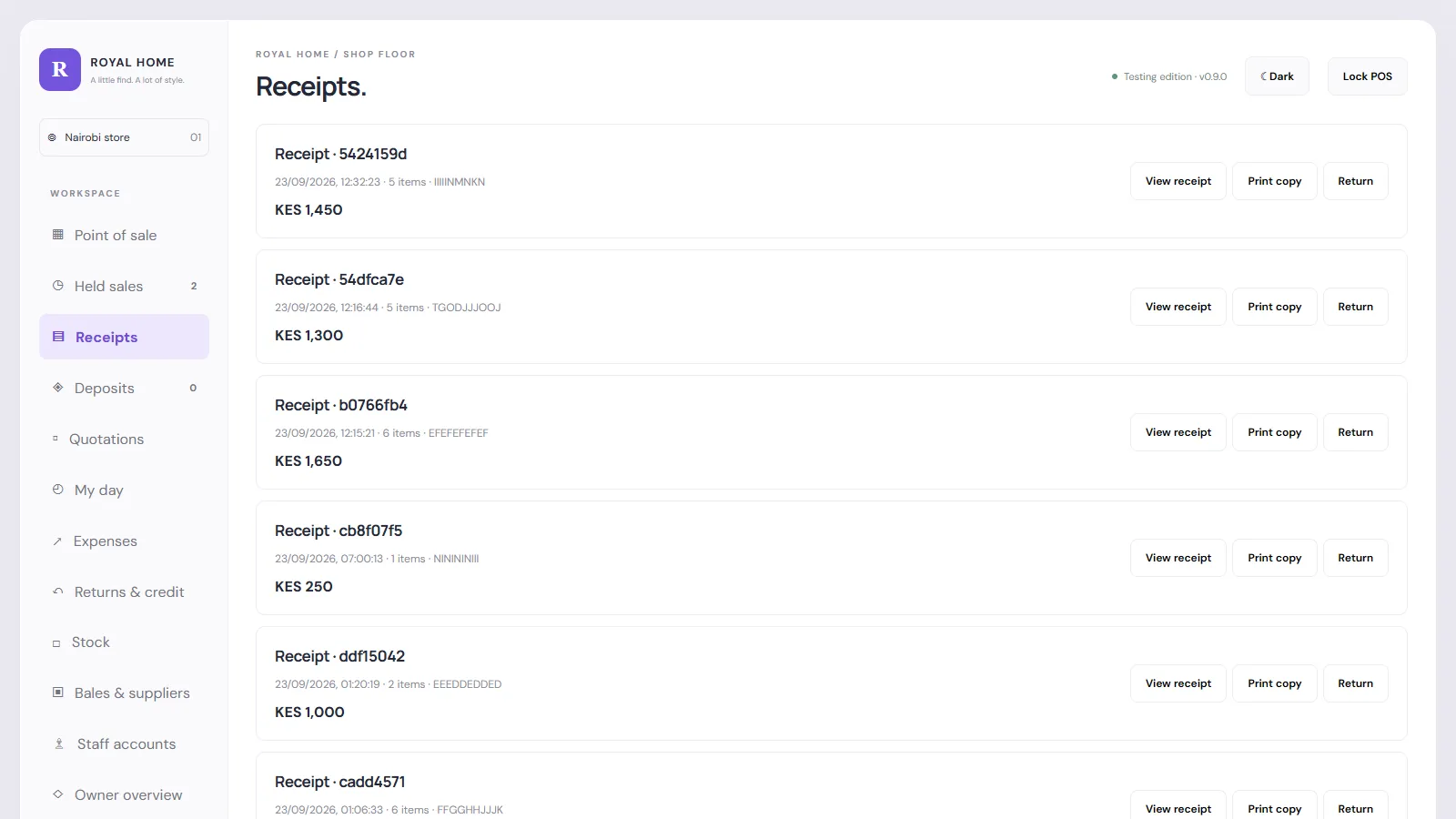 Receipts list with view, print copy and return actions for each sale