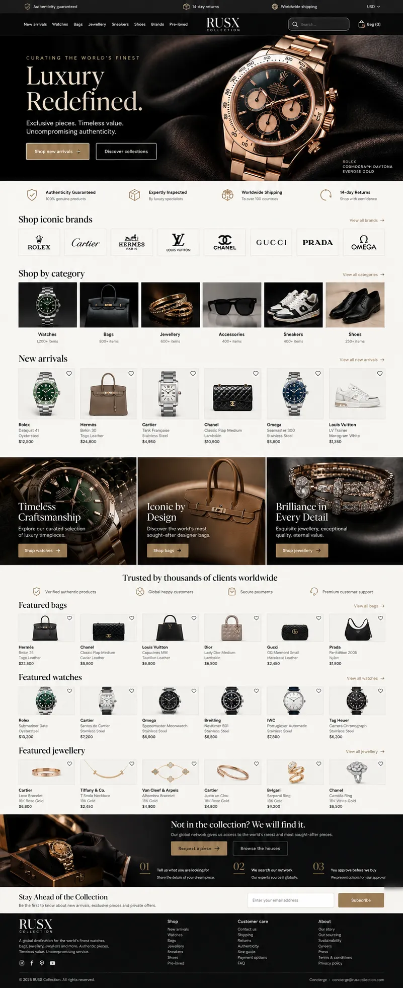 RUSX Collection luxury store with a Luxury Redefined gold watch hero, shop by iconic brands like Rolex, Cartier and Hermès, categories, new arrivals, featured bags, watches and jewellery, and a request-a-piece section